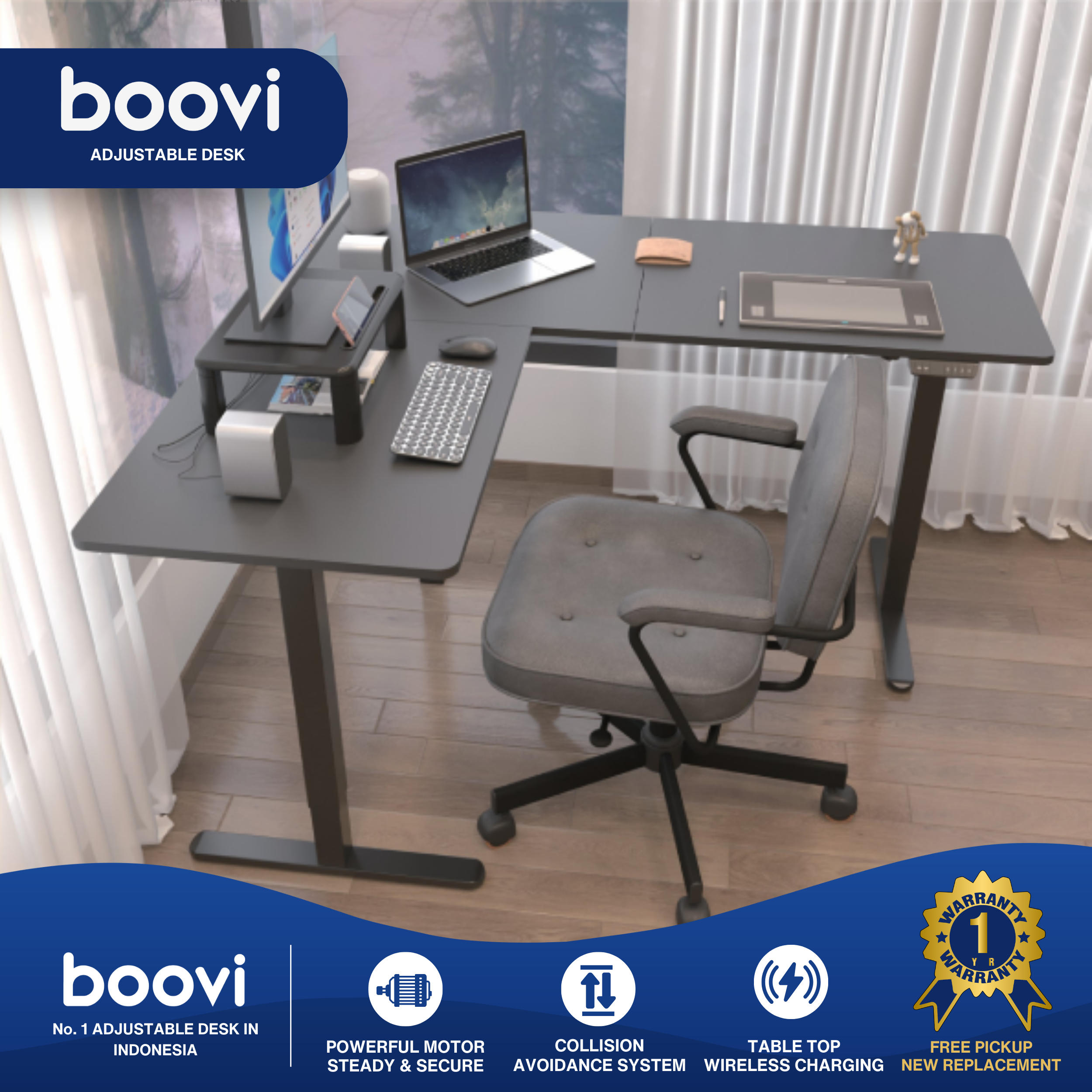 Boovi-PD-LSH160-SM-B-R-LShape-Single Motor-160-Black-Right